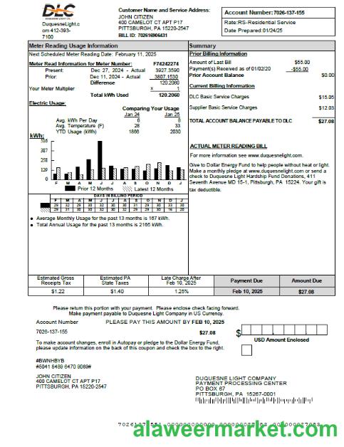USA Duquesne Light Company utility bill template in Word and PDF formats